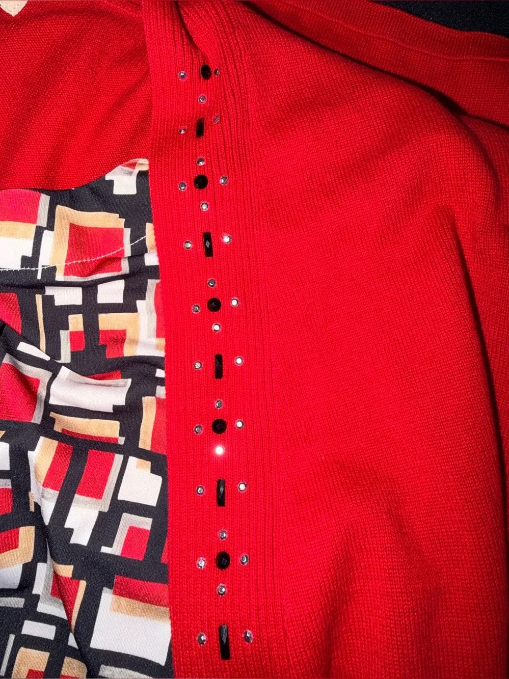 Alfred Dunner Women's Jet Setter Red Black Geometric Inner Two In One Sweater 3X